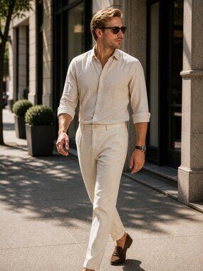 UNIQLO Off-White Linen Cotton Tapered Trousers – Size Small (Waist 26–27”)